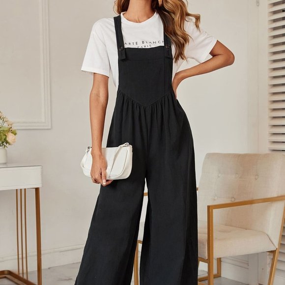 . Pants - Black Casual Womens Solid Pocket Front Overall Jumpsuit Without Tee